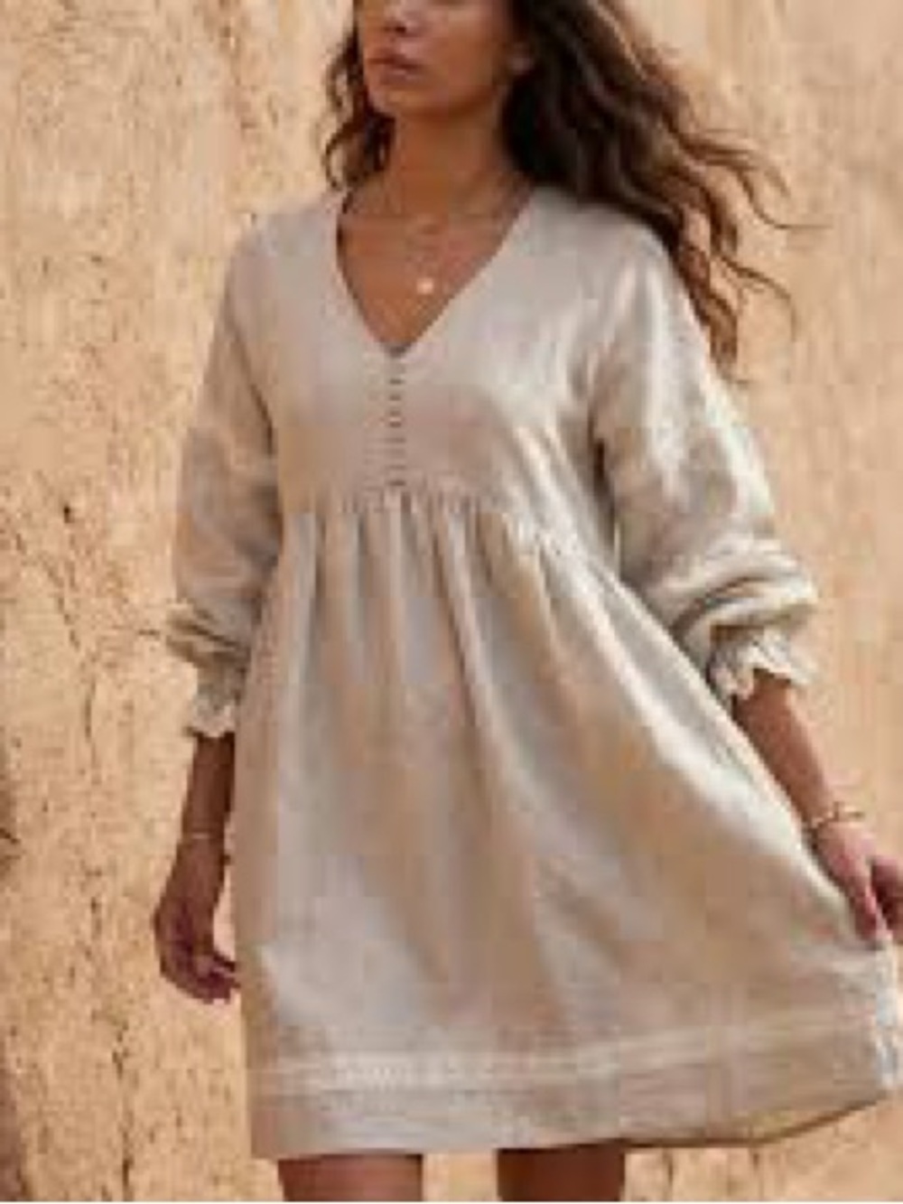 NWT French Style Cotton Linen Mini Dress, V Neck Cottagecore Boho